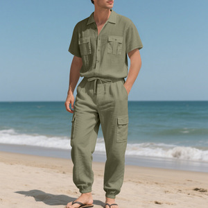 <span class=keywords><strong>Ensemble</strong></span> décontracté d'été pour <span class=keywords><strong>homme</strong></span> : chemise boutonnée à manches courtes respirante avec poches cargo et pantalon long de jogging – <span class=keywords><strong>Ensemble</strong></span> deux pièces - Product Image 3