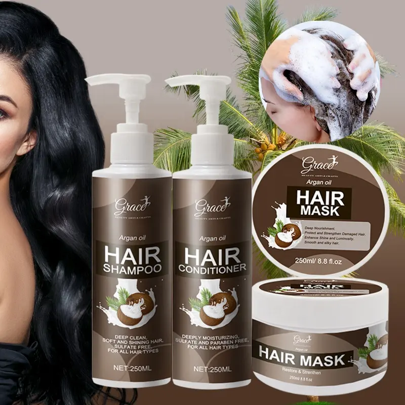 Private label Cabelo Suave Silky Nutrição Profunda Fortalecer Cabelo Danificado coco Argan Oil Cuidados com os cabelos Masque Condicionador Shampoo