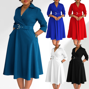 Robe midi d'été pour femme, écologique, à manches longues, col rabattu, coupe ample, en dentelle, style décontracté et élégant pour le bureau – Vente en gros à prix réduit - Product Image 4