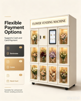 Kiosque commercial de vente de fleurs à température constante, avec éclairage LED commutable, paiement par pièces, billets et cartes bancaires pour aéroport