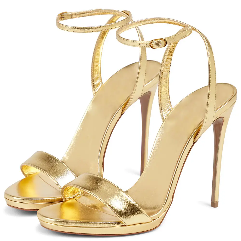 Attractive High Heel Sandal Heels Open Toe Sandals Buckle Ankle Strap Shiny Gold Party Shoes