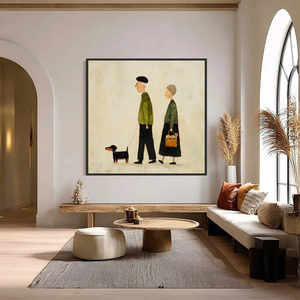 Charming Figurative Art <b>Print</b> of Elderly Couple Walking <b>with</b> Dog Canvas Wall Decor Contemporary Style <b>Framed</b> Indoor Art - Product Image 3