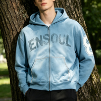 OEM-Hersteller Maßgefertigter Strass-Reißverschluss-Hoodie Herren Schwergewichtiger Baumwoll-Vintage-Wascheffekt Übergroßer Streetwear-Druck Logo Herbst