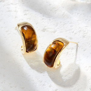 Tiger Eye Stud Earrings 14k Gold Bezel Setting Geometric Fashion Jewelry - Product Image 1