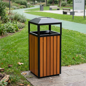 Corbeille à déchets rectangulaire en bois résistante à l'eau pour extérieur avec <span class=keywords><strong>abri</strong></span> et cendrier - Product Image 4