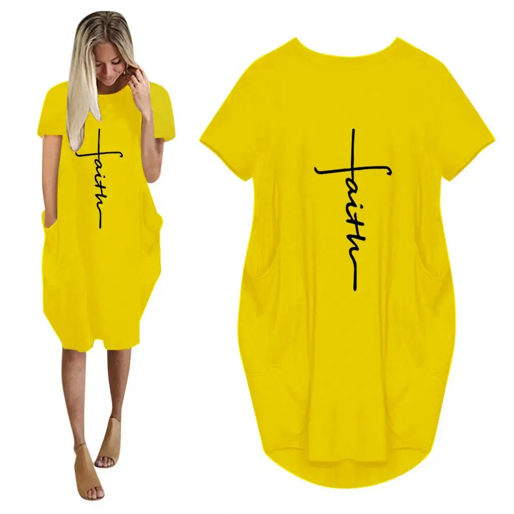 2021 최신 간단한 디자인 인과 플러스 사이즈 여성 인쇄 서명 더블 포켓 패션 스타일 느슨한 레이디 드레스