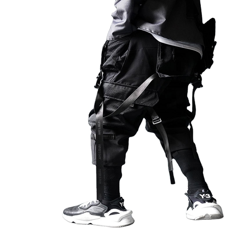 【PAKUA】RIBBON BUCKLE CARGO PANTS Functional Multi-Ribbon Buckle Black Cargo Pants – Techwear