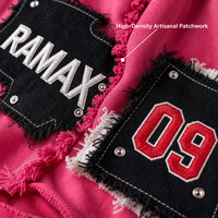 Shorts en molleton rose RAMAX effet vieilli, patchwork, rivets, graphiques 09, style grunge Y2K, streetwear homme, vente en gros personnalisée, jorts