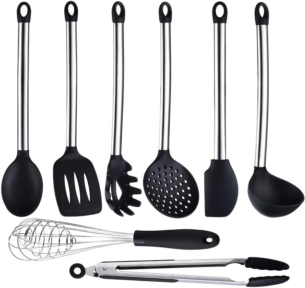 Juego de utensilios de cocina de silicona de grado alimenticio, resistente al calor, Color negro, espátula y cucharas, 8 Uds.