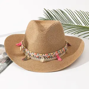 여름 해변 여행 접이식 태양 밀짚 모자 패션 와이드 브림 보헤미아 파나마 페도라 모자 야외 밀짚 재미 카우보이 모자