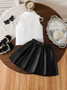 Girls' Cotton <strong>White</strong> Color Top &amp; PU <strong>Leather</strong> <strong>Skirt</strong> with Bow Two-Piece Set Breathable Casual - Product Image 3