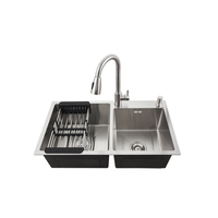 Évier de cuisine intelligent moderne noir multifonctionnel en acier inoxydable brossé fait main, double bac, sans robinet, à poser sur comptoir