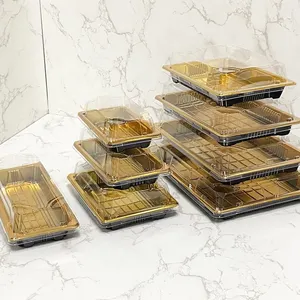 Recipiente desechable de plástico cuadrado dorado, bandeja desechable para sushi, caja de plástico para embalaje de alimentos, JY-1109