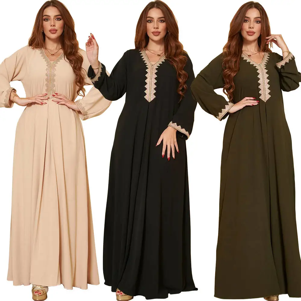 Abaya Model baru di Dubai katun renda leher gaun Maxi lengan panjang mode gaya Maroko Modern gaun Kaftan