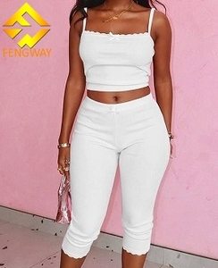 Summer 2 Piece <strong>Outfits</strong> Woman Casual <strong>Pink</strong> Ribbed Knitted Top and Cropped Pants Sets Women - Product Image 5