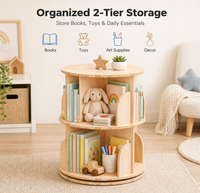 Étagère à livres rotative en bois massif naturel à 2 niveaux pour enfants 360 °   Organiseur de bibliothèque pivotant en bois pour chambre d'enfant, chambre à coucher, coin lecture