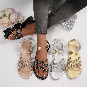 2026 New Arrival Women Rhinestone Flat Roman <b>Sandals</b> Plus Size <b>Elastic</b> Criss Cross Thin Strap European American Style Shoes - Product Image 1