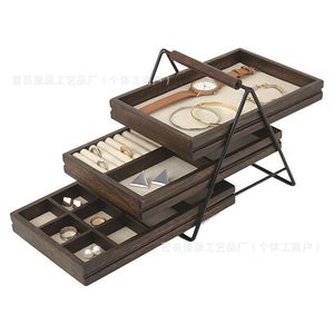 Boîte de rangement pour bijoux en bois massif de noyer, multi-couches, avec tiroirs, pour la maison ou le bureau - Product Image 5