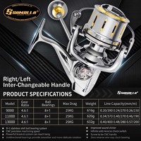 Moulinet Spinning Gauche Robuste Samolla 9000 11000 13000, Frein Max 25KG, Tout Métal, Pêche en Mer, Surfcasting, 8+1BB, Bobine CNC, Ratio 4.6:1