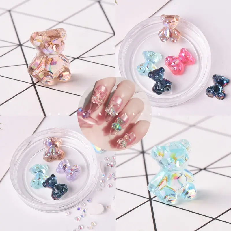 Paso Sico 14 Designs Popular Kawaii Resin Gummy Bear Cute Mixed Rhinestones Nail Set 3D Nail Art Designs for DIY Nail Supplies