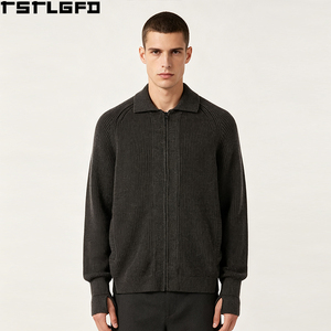 Cardigan en laine coupé-cousu à fermeture éclair intégrale pour homme, gris anthracite, col côtelé avec passe-pouces, style streetwear, pulls pour hommes, vente en gros pour fabricants - Product Image 1