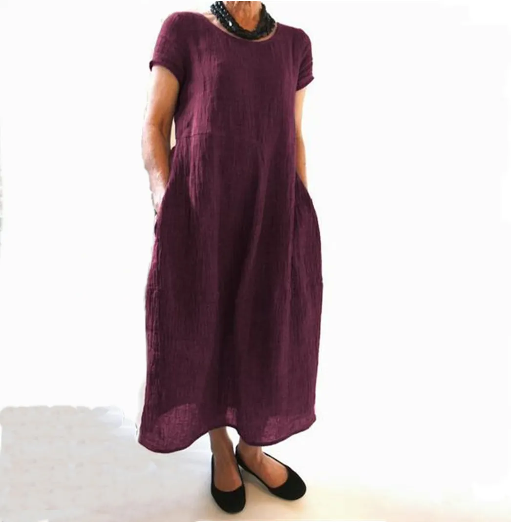 2022 Elegant Linen Midi Dress Women's Summer Sundress vintage Short Sleeve Tunic Vestido Female O Neck Pleated Robe Femme