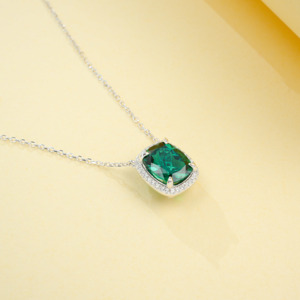 925 Sterling Silver Cushion Cut Lab Created <b>Emerald</b> <b>Pendant</b> Necklace, Halo with Diamond Accents Fine Jewelry for Women - Product Image 2