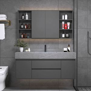 Meuble-lavabo mural de salle de bain au design classique moderne, lavabo en céramique résistant à l'eau, tiroirs à fermeture douce en mélamine, taille personnalisable - Product Image 4