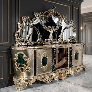 Console de luxe royale en teck massif, ensemble de trois miroirs muraux, buffet sculpté doré, meuble de bar d'entrée, style Mid-Century Modern - Product Image 3