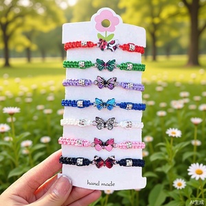 <b>Boho</b> Kids Girls Gifts Wholesale 7Pcs Card Pack Enamel Butterfly Charm Braided Rope <b>Bracelet</b> - Product Image 3