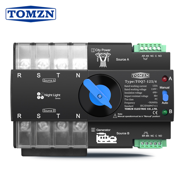 TOMZN 3-Phase Automatic Transfer Selector Switch 4P 63A 100A 125A Din Rail Dual Power 110V 120V Uninterrupted PC Type