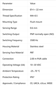 Sensor Inductivo Estándar MT-BALLUFF BES M04EC-PSD06B-BP02, Modelo Preferido, Interruptor de Proximidad BES01P0, Cable de 2 Metros, DC10-30V - Product Image 3