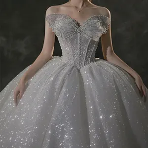사용자 정의 오프 숄더 크리스탈 화이트 레이스 볼 가운 웨딩 드레스 2023