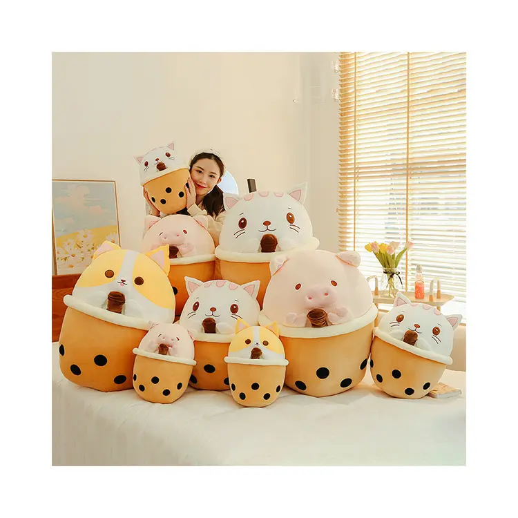 New Cute Boba Pig Dog Cat Plush Toys Soft Stuffed Toy Plushie with Bubble Tea Milk Pillow 30 cm