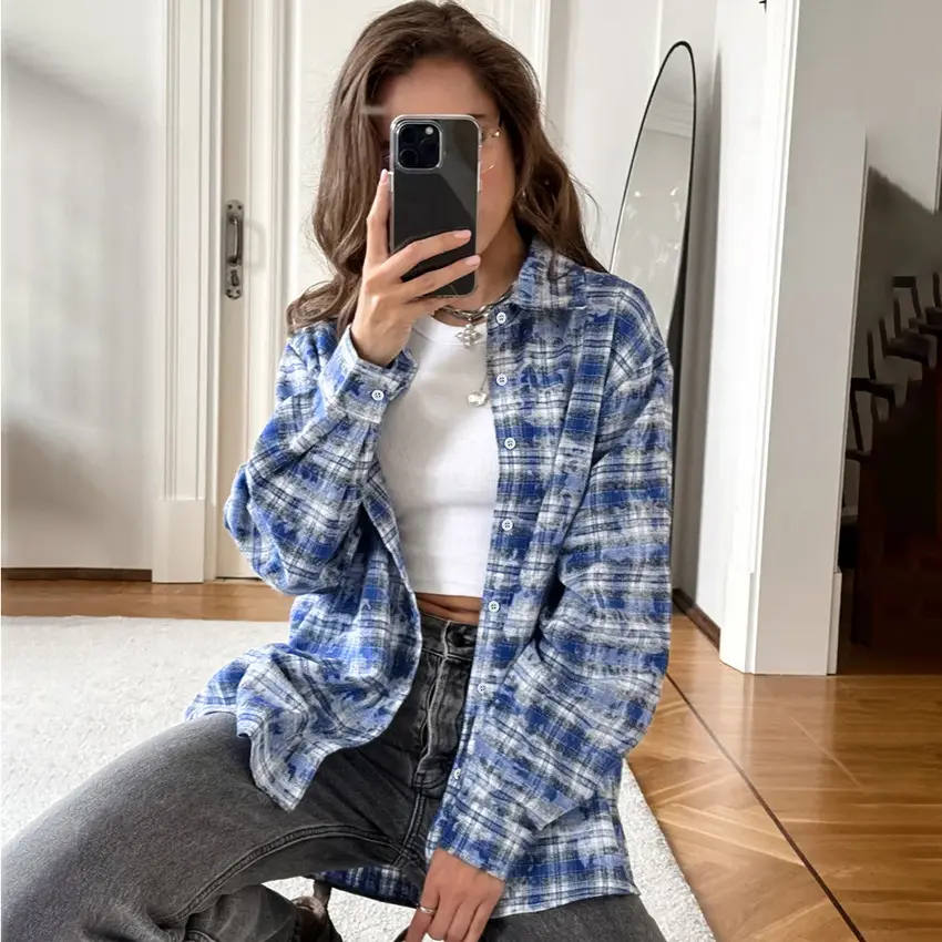 Women's Clothing New 2024 Fashion Button Up Loose Casual Long Sleeve Cotton Check Chemise Femme Shirts Checked Plaid Shirt Women