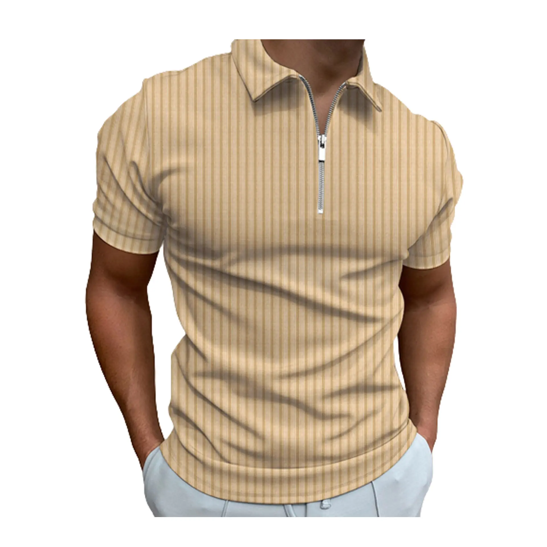 उच्च गुणवत्ता वाले कस्टम पुरुषों की टी शर्ट धारीदार जिपर लघु आस्तीन पुरुषों की लोचदार पोलो शर्ट शीर्ष ठोस रंग शर्ट