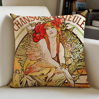 Housse de coussin décorative vintage européenne 45x45 cm Mucha Gallery Beauty en lin