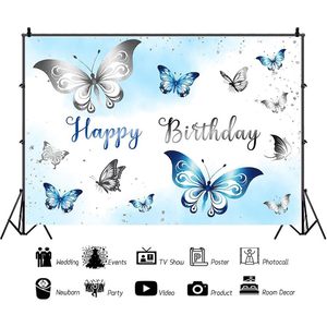 7x5Ft ฉากหลังของปาร์ตี้วันเกิดของหญิงสาวธีมกุหลาบสีน้ำเงินและผีเสื้อพร้อมจุดสีขาวและจุดสีทองสำหรับอุปกรณ์ประกอบฉาก - Product Image 5