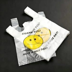 ถุงหิ้วเสื้อยืด HDPE สีขาว รีไซเคิลได้ ใช้ซ้ำได้ พิมพ์ลายหน้ายิ้มสีเหลือง ขอบคุณ พร้อมหูหิ้วแบบยาว - Product Image 1