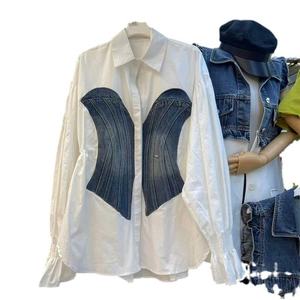 Top de Mezclilla con Parches Estilo Europeo Americano con Mangas de Trompeta, Nueva Moda Casual Diaria para Mujer - Product Image 3