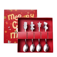 Ensemble de couverts de Noël en acier inoxydable 304, cuillère à café en forme de poupée de dessin animé, cuillère à dessert Père Noël avec boîte cadeau