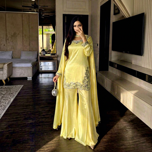 Ensemble Salwar Kameez traditionnel indien jaune 3 pièces en soie brodée avec dupatta, prêt-à-porter, séchage rapide, tenue de fête pour femme - Product Image 1