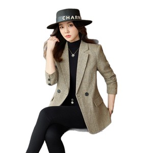 Women's Blazer Khaki Herringbone Wool <b>Blend</b> Slim Fit Anti-Wrinkle Office Wear - Product Image 5