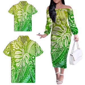Abiti verdi sfumati abbinati camicia da uomo e camicia <span class=keywords><strong>per</strong></span> bambini vestiti di ragazze tribali polinesiani abito Casual su spalle scoperte - Product Image 1