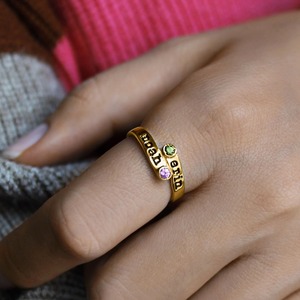 Bague personnalisée classique en cuivre avec pierres de naissance multiples, plaquée or 14 carats, 1 à 6 noms, bijoux sur mesure, cadeau pour la fête des mères - Product Image 6