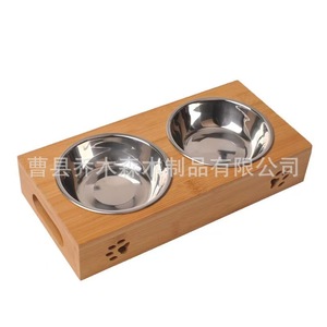 Estación de Alimentación para Mascotas de Cerámica y Bambú, Doble Tazón Elevado para Gatos con Diseño de Huella de Pata - Product Image 3