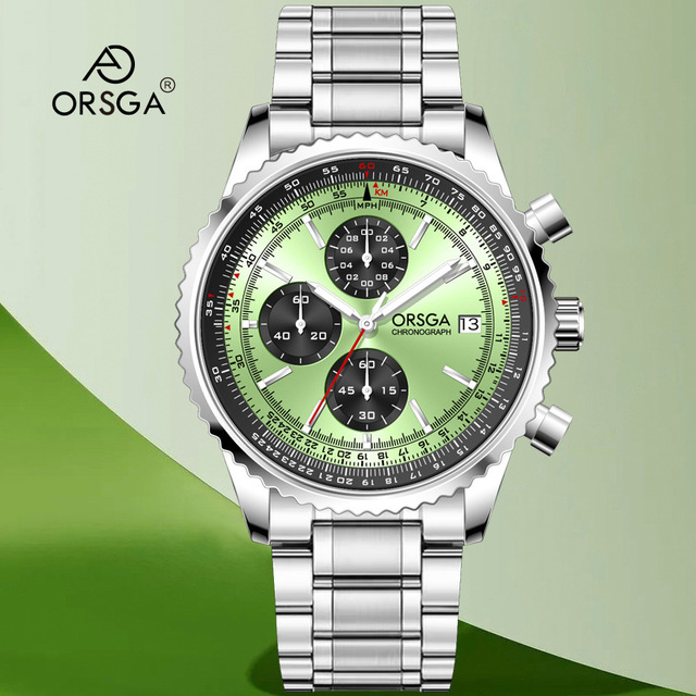 ORSGA 1156G Three-Eye Six-Pin Men's Quartz Watch Stainless Steel Band Chronograph Business Fashion 30M Water Resistant 43mm Dial