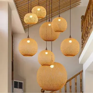 Lustre suspensão luminária de vime tecido à mão para decoração de restaurantes e salas de jantar, luminária LED de bambu em rattan