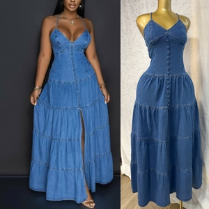 Nouvelle Arrivée <span class=keywords><strong>Robe</strong></span> <span class=keywords><strong>Longue</strong></span> D'<span class=keywords><strong>Été</strong></span> Sans Manches en Jean Boutonnière Femme Unique <span class=keywords><strong>Dos</strong></span> Nu Élégante <span class=keywords><strong>Robe</strong></span> Maxi Denim - Product Image 2