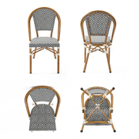 Chaise de bistrot parisienne en aluminium noir et blanc avec tissu Teslin géométrique pour extérieur, patio, café, restaurant, salon, cour